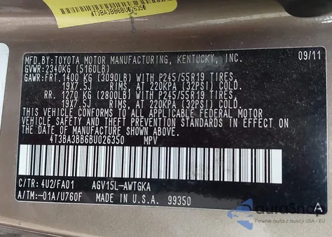 2011 Toyota Venza from USA, damaged, VIN 4T3BA3BB6BU026350